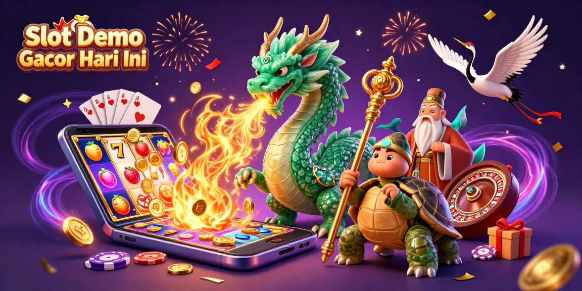 Experience Slot Demo Gacor Hari Ini as dragons and turtles celebrate winning with vibrant casino elements.