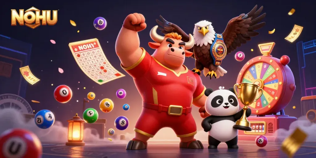 Join NOHU's exciting gaming journey with vibrant characters and casino elements in this lively illustration.