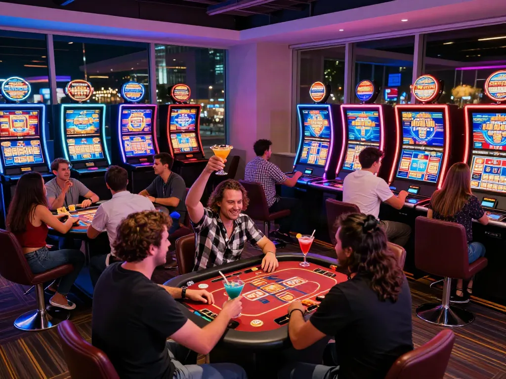 Players enjoying the excitement of non GamStop casinos in a neon-lit gaming lounge.