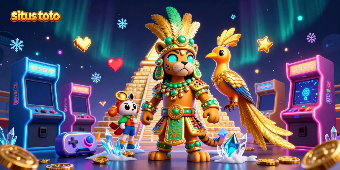 Experience excitement at situs toto with a vibrant illustration of a Mayan priest and arcade elements.