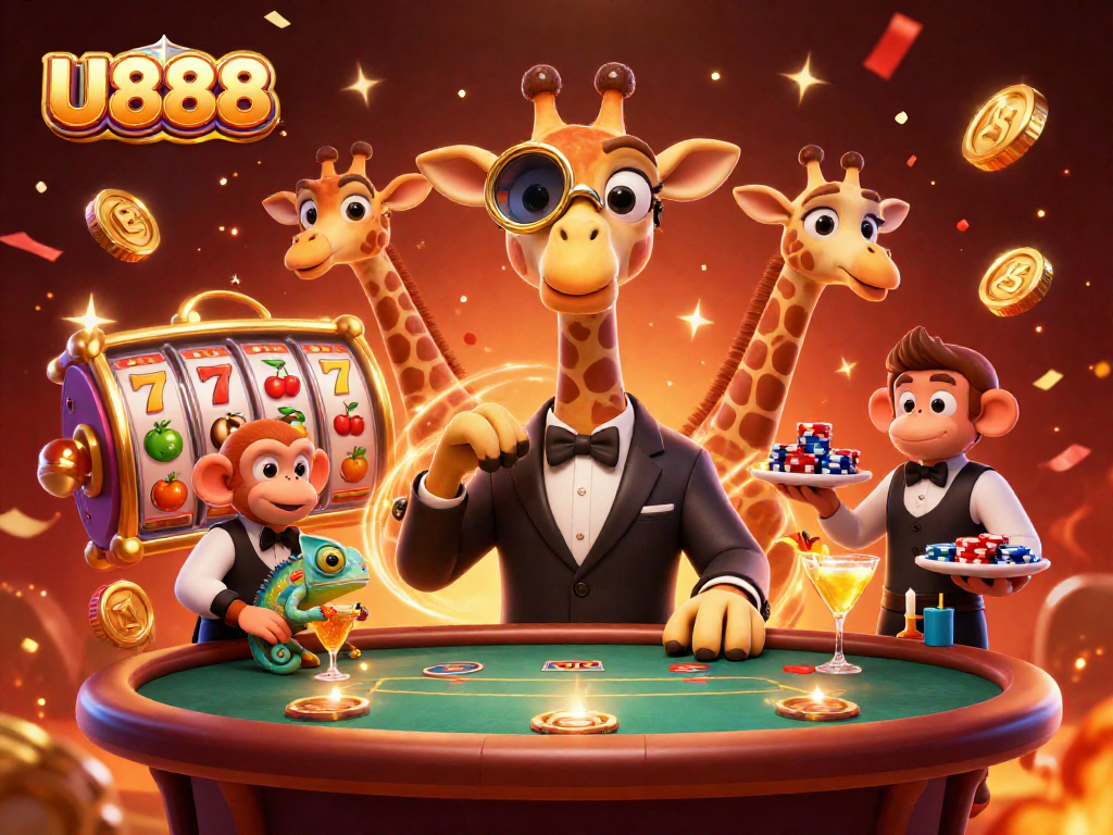 Engage with U888's thrilling casino vibe, featuring a high-roller giraffe at a poker table.