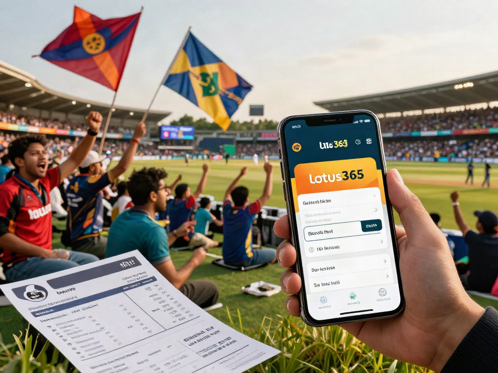 Lotus365 mobile betting interface displayed during a cricket match with fans cheering.