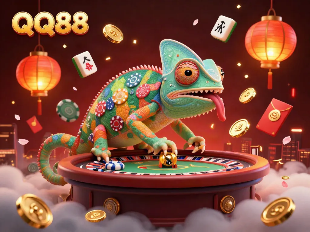 Experience the vibrant excitement of QQ88 with a colorful chameleon casino owner and dynamic gaming elements.