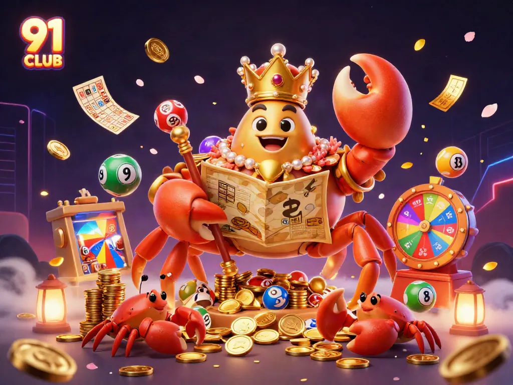 Engage with the exciting 91 CLUB gaming scene featuring a golden crab emperor surrounded by vibrant lottery and casino elements.