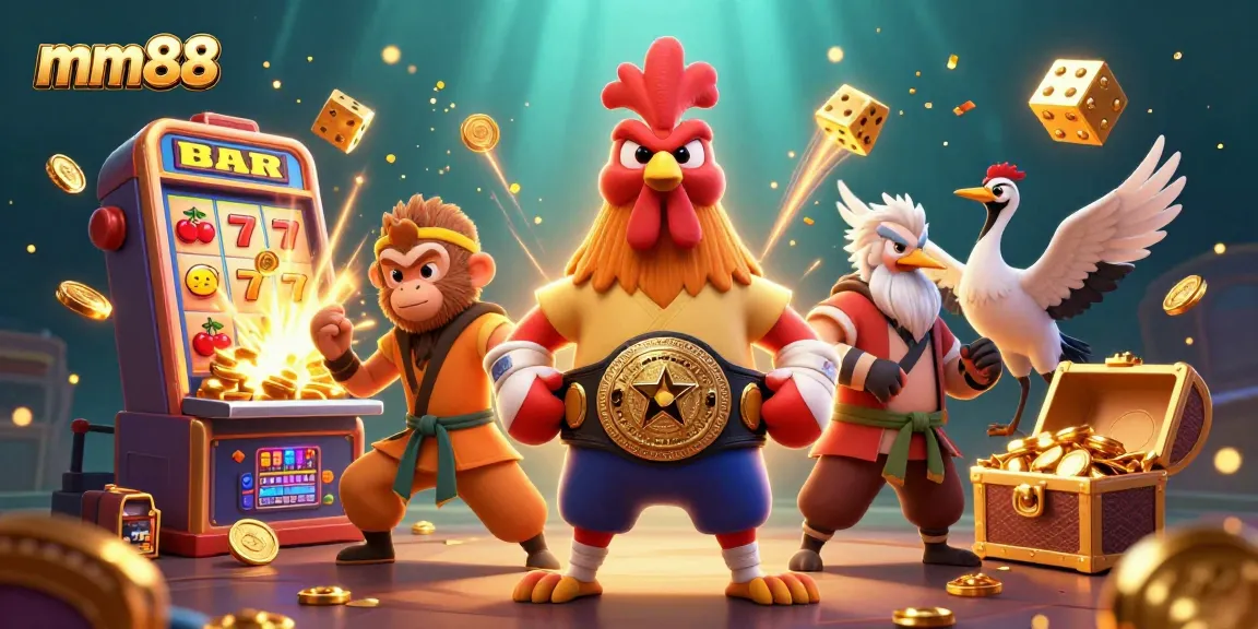 Experience thrilling gaming action with mm88's vibrant 3D casino illustration featuring animated characters and dynamic elements.