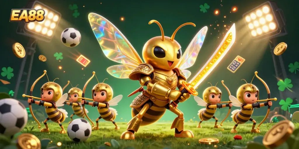 Engage in exhilarating EA88 gameplay with a dynamic scene featuring golden hornet samurai and sports-themed elements.