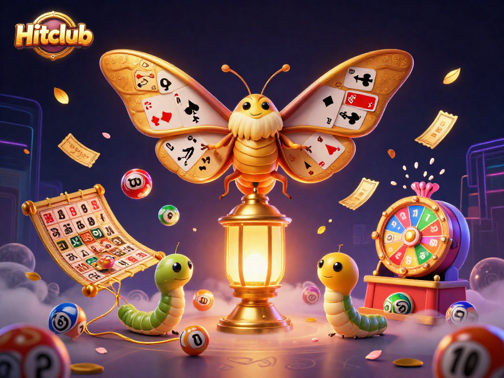 Hitclub showcases an exciting 3D illustration with vibrant lottery elements and a majestic atlas moth.