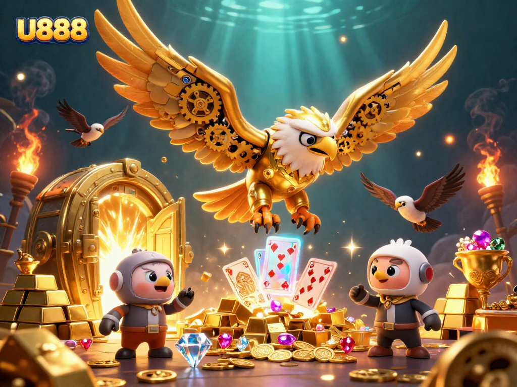 Experience the thrilling excitement of U888 with a dynamic illustration of a cybernetic eagle soaring through a casino wonderland.