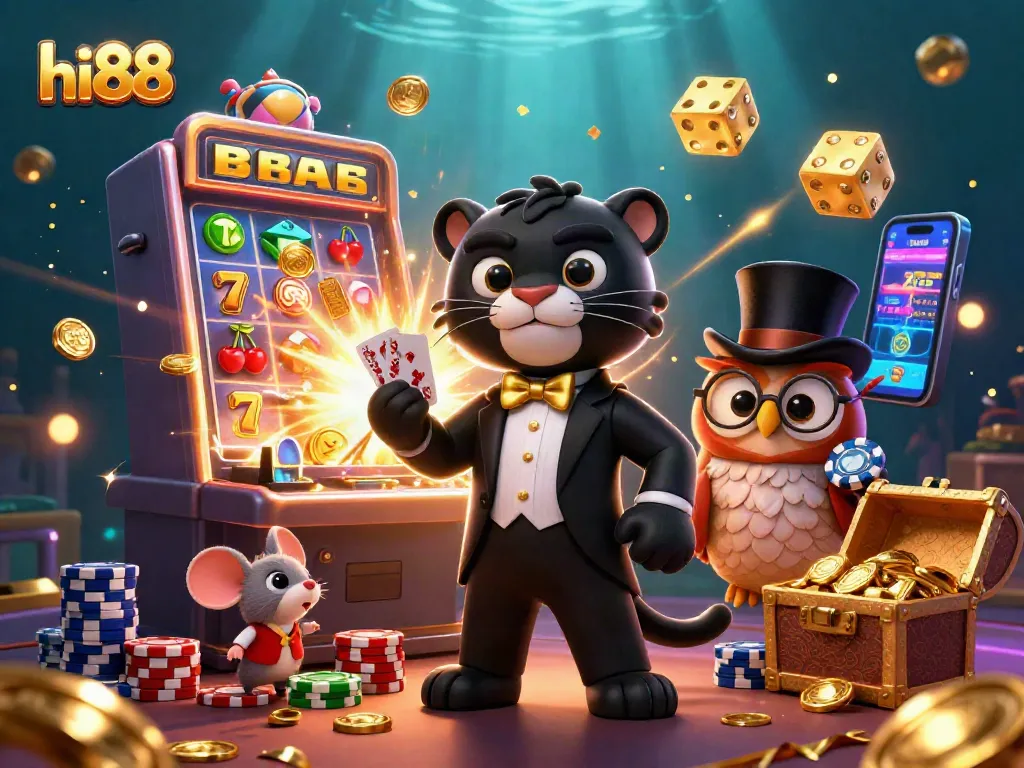 hi88 brings excitement with a stylish panther dealing cards amidst a vibrant casino atmosphere.