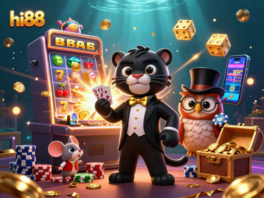 hi88 brings excitement with a stylish panther dealing cards amidst a vibrant casino atmosphere.