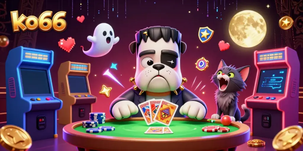 Engage in thrilling gameplay at KO66 with a lively scene of a Frankenstein bulldog dealer, a ghost mouse, and a werewolf kitten.