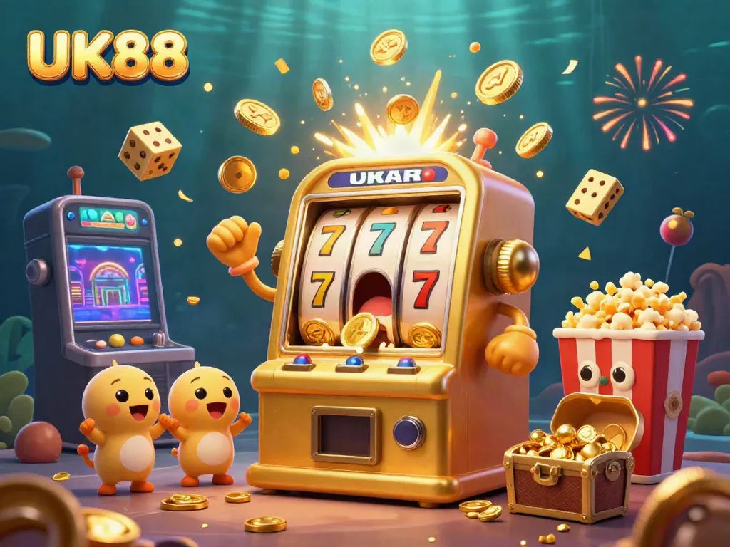 Experience the excitement at UK88 as slot machines celebrate a jackpot with coins showering down in this vibrant 3D illustration.
