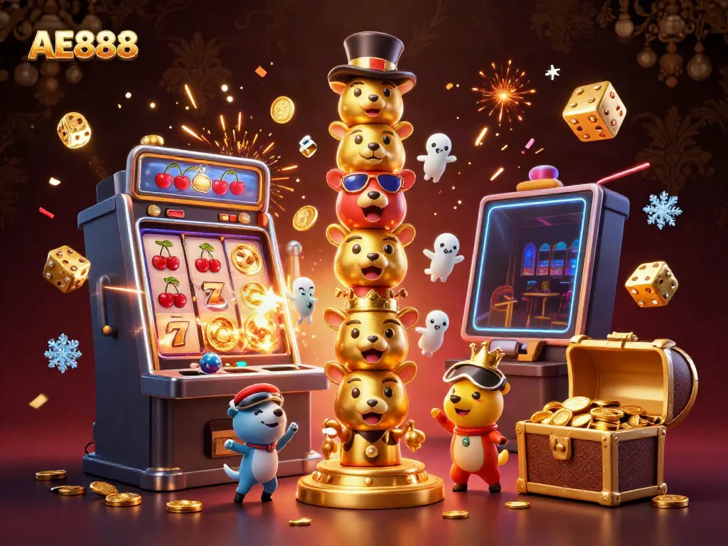 Experience the thrill of AE888 with a vibrant 3D casino scene showcasing dynamic gaming elements and a totem pole character.