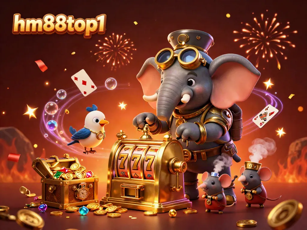 Experience excitement at hm88top1 with a steampunk elephant operating a golden slot machine in a vibrant casino scene.