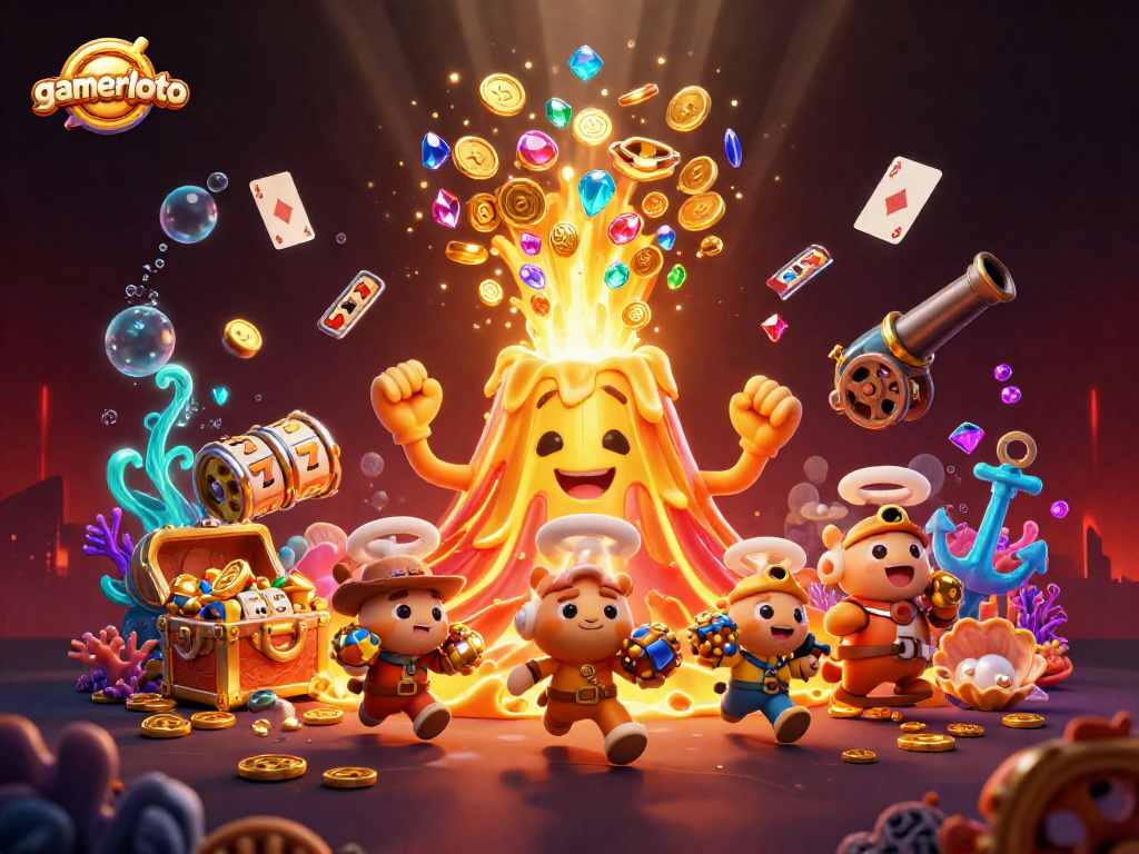 Win big at gamerloto with an exciting 3D treasure eruption scene filled with casino elements.