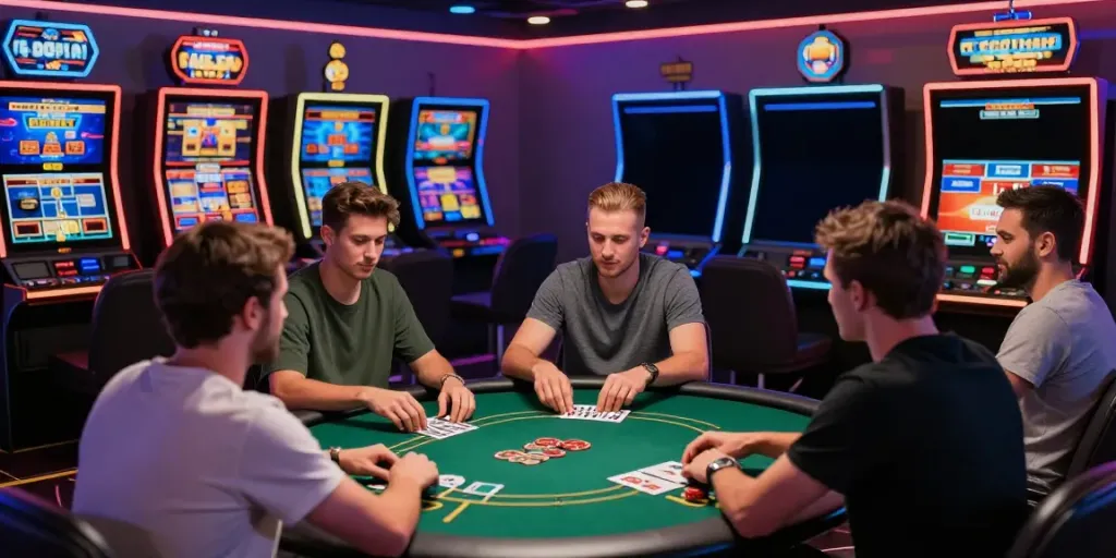 Exciting gaming atmosphere at non GamStop casinos with diverse players engaged in poker.