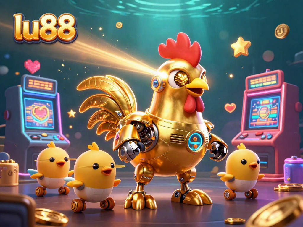 Engage with the vibrant gaming experience at lu88 with a dynamic 3D illustration featuring exciting slot machines and characters.