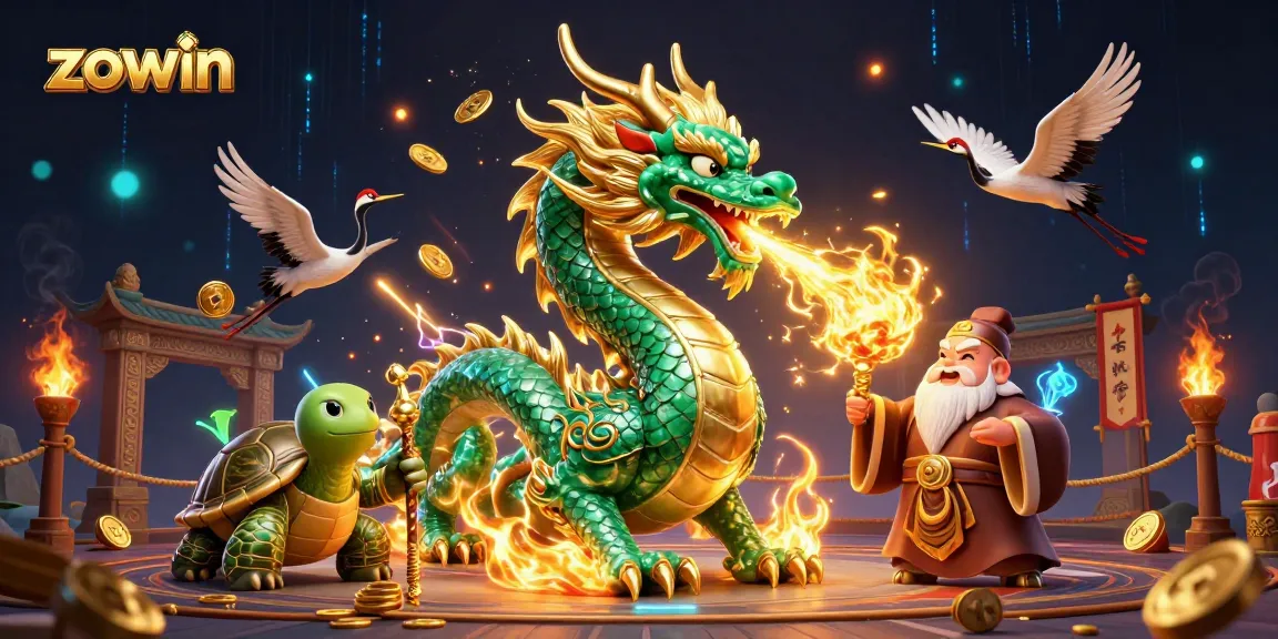 Experience thrilling action in zowin with a dynamic casino scene featuring mythical creatures and vibrant elements.