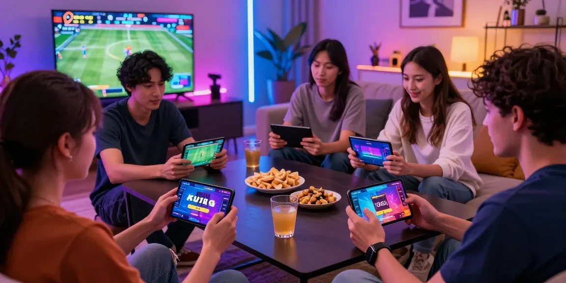 Youthful group playing KO66 games on mobile devices in a vibrant gaming room.