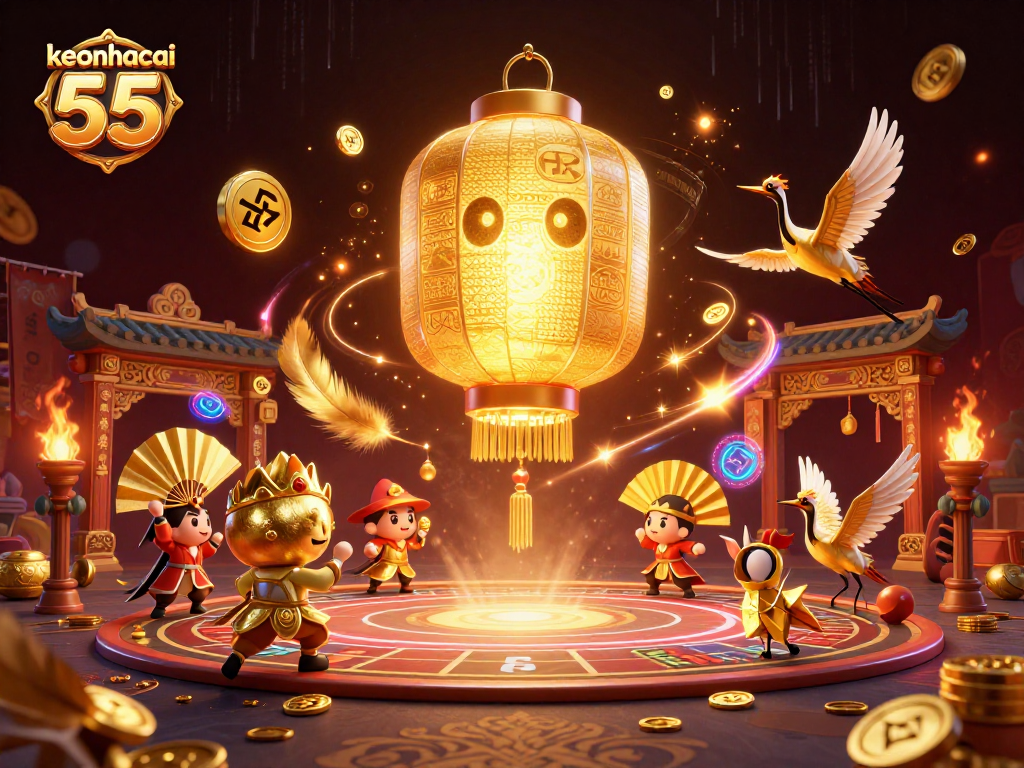 Engage with keonhacai 55 in an enchanting night market casino, with golden lantern spirits and paper fan warriors.