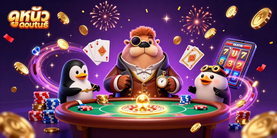 Experience ดูหนังออนไลน์ in a vibrant casino scene featuring cartoon walruses and poker elements