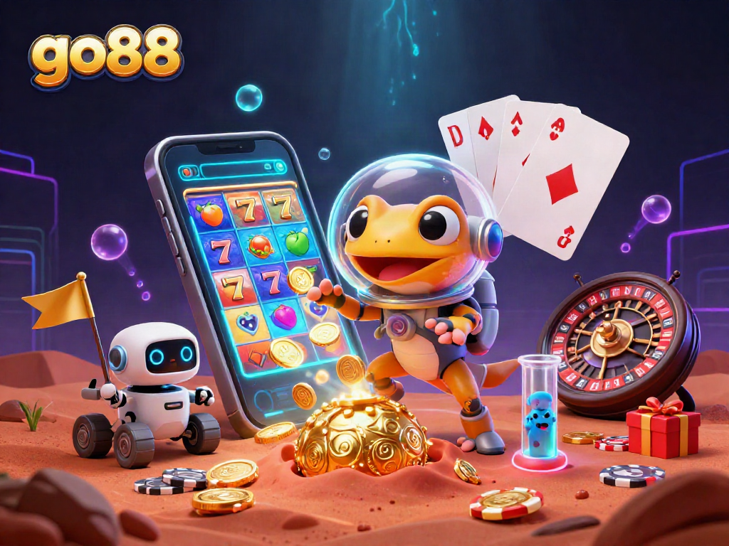 Engage with go88 in an adventurous Martian casino scene filled with exciting slot games and vibrant characters.
