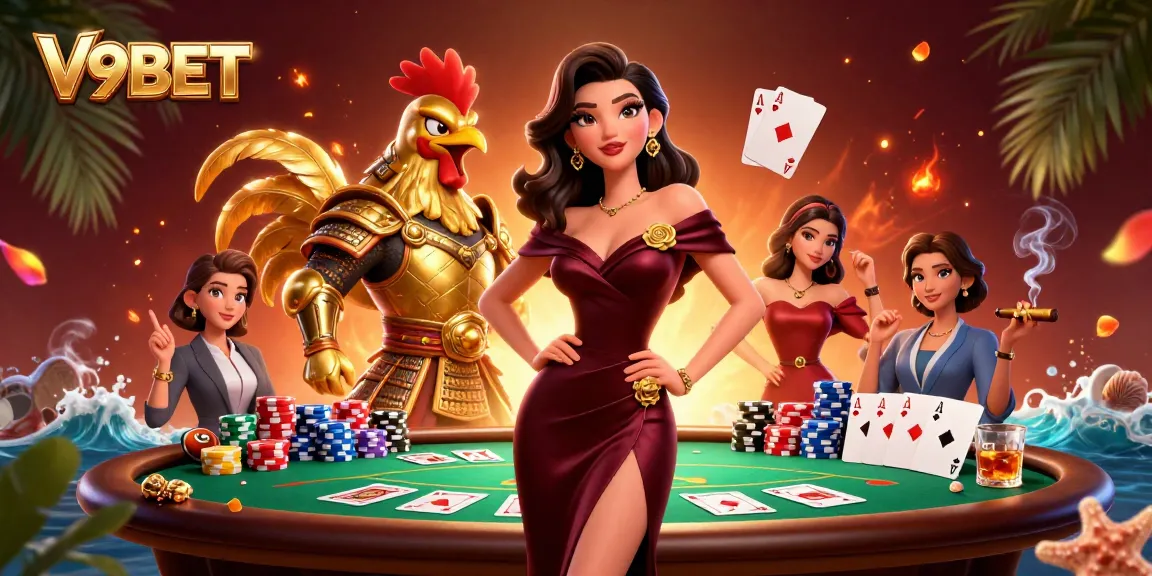 Join V9BET's exciting poker scene with glamorous characters and vibrant casino elements in this 3D illustration.