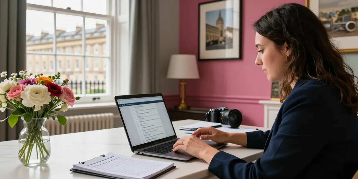 Efficient Airbnb management in Bath with a team member reviewing listings at a cosy workspace.