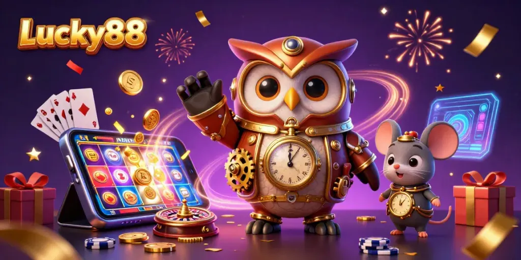 Engage with Lucky88's vibrant casino scene featuring a steampunk owl and exciting gaming elements.