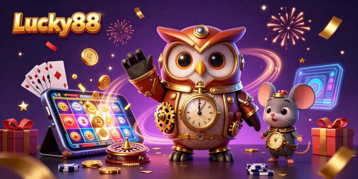 Engage with Lucky88's vibrant casino scene featuring a steampunk owl and exciting gaming elements.