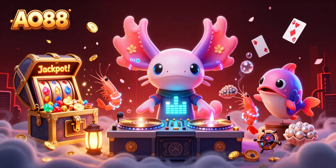 AO88 features a vibrant underwater casino scene with a DJ axolotl and gaming elements.