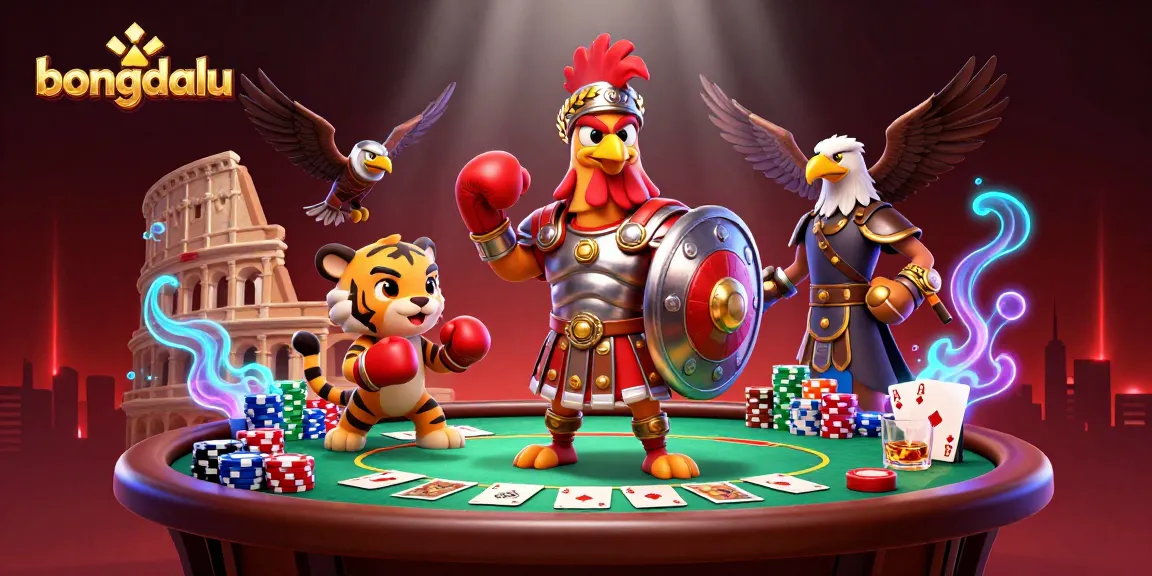 Engage with bongdalu's thrilling atmosphere as a gladiator rooster battles with a tiger cub amidst dynamic poker elements.