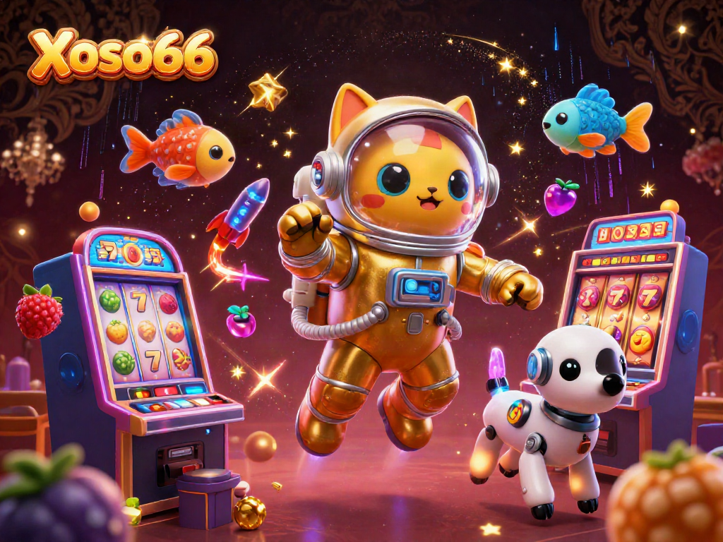Xoso66 features a thrilling 3D cartoon space adventure with slot machines, floating astronaut cat, and dynamic elements.