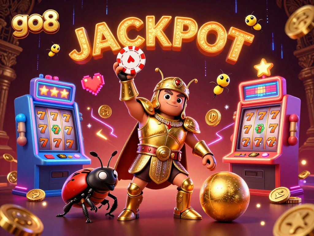 Experience thrilling games atgo8 with a hercules beetle champion lifting a poker chip above a vibrant casino.