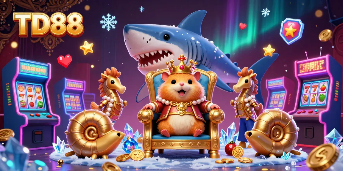 Engage with TD88 through a vibrant 3D illustration that showcases a golden hamster king amidst dazzling slot games and arcade elements.