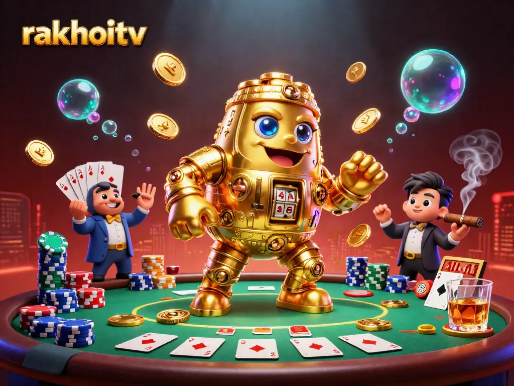 Engage with rakhoitv's thrilling gaming experience featuring a dynamic golden golem amidst vibrant casino elements.