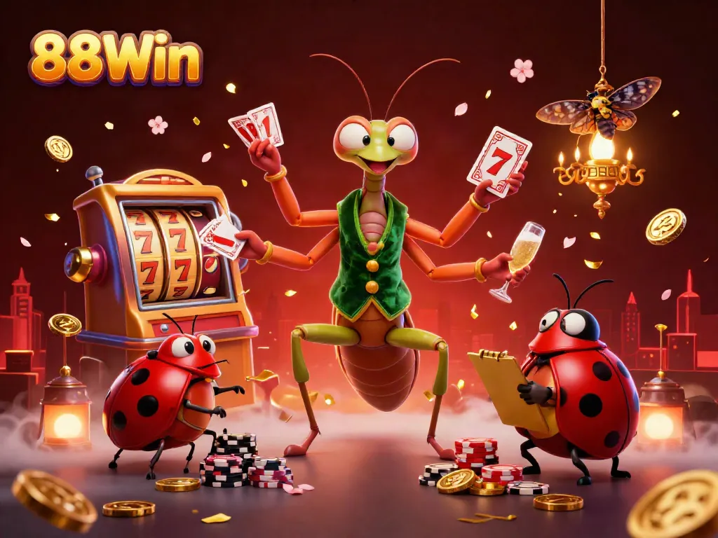 Experience excitement and winning moments at 88Win, featuring a vibrant casino scene with characters and classic slot elements.