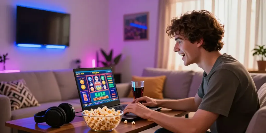 Excited player enjoying non gamstop casinos with laptop, snacks, and vibrant atmosphere.