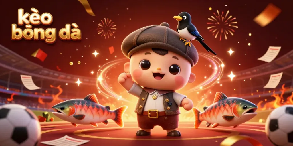 Engaging scene depicting kèo bóng đá with cute characters celebrating around a sports betting backdrop.