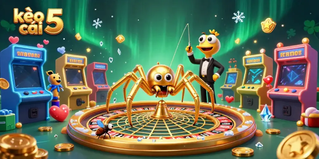 Experience kèo nhà cái 5 with a dynamic scene featuring a golden spider and vibrant casino elements.