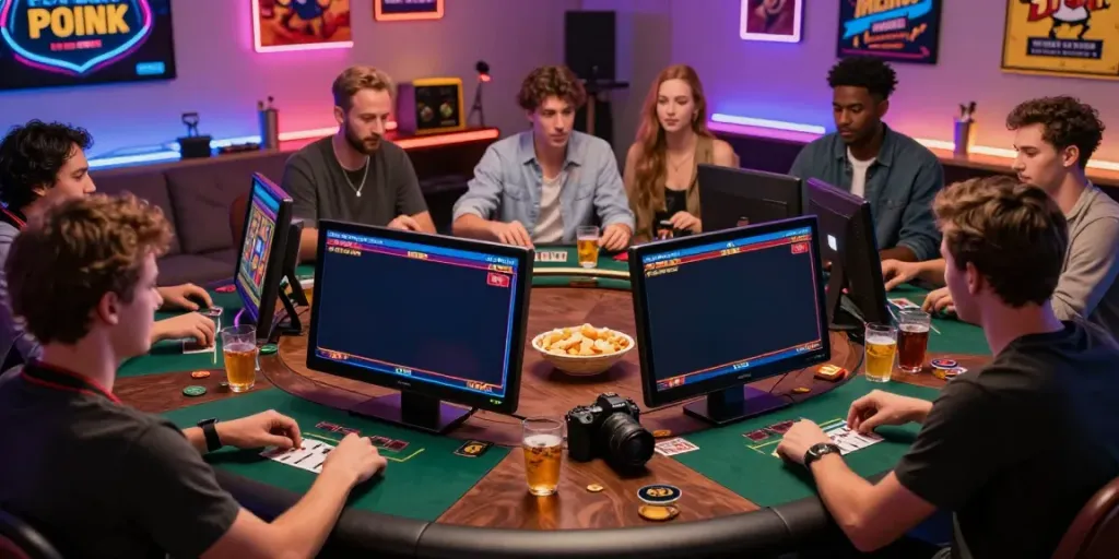 Players enjoying various non GamStop casinos at home, vibrant atmosphere.