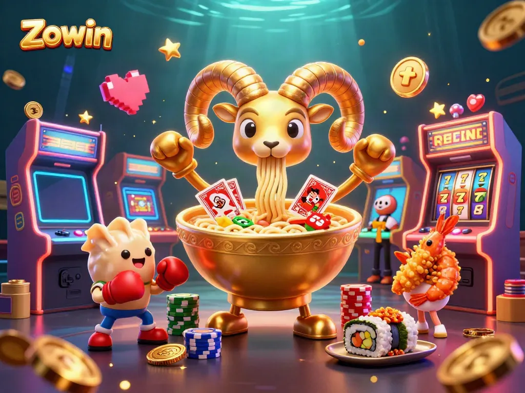 Zowin showcases a vibrant casino scene with a golden ramen bowl dealer and game elements.