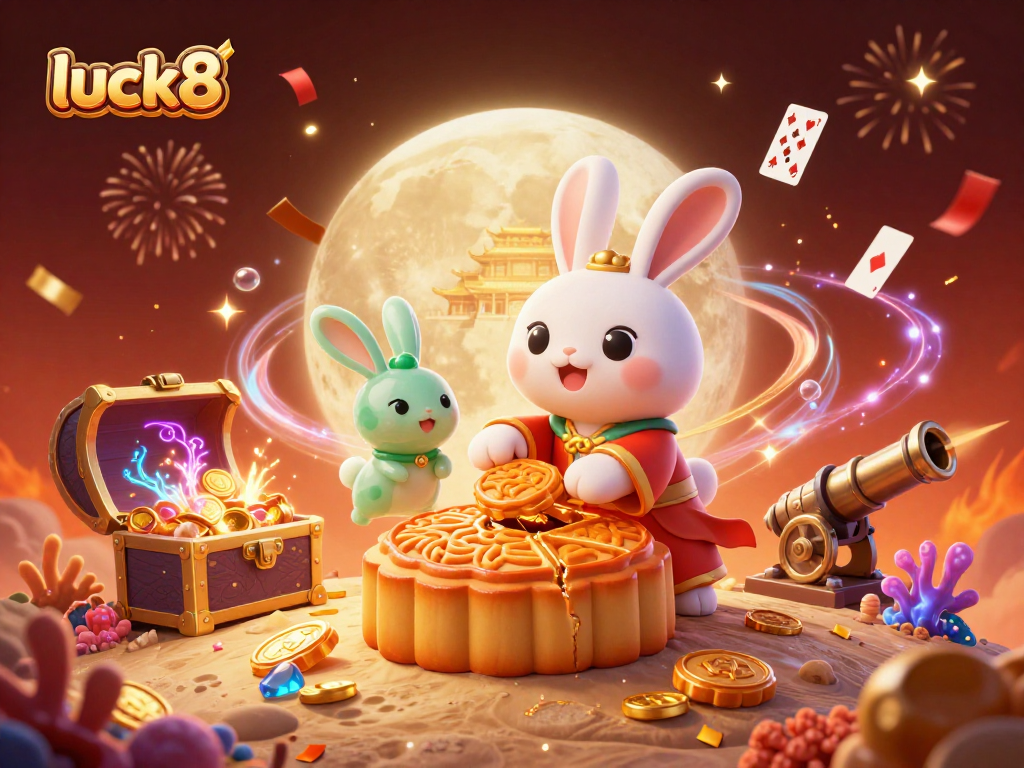 Experience luck8’s vibrant casino games with moon rabbit characters in a colorful scene.