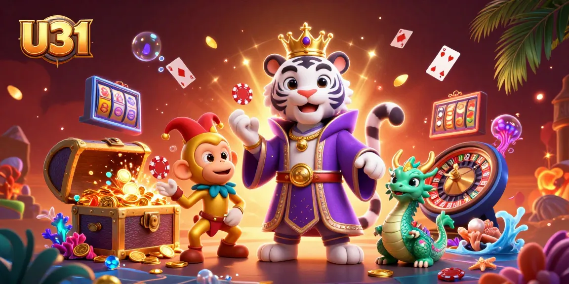 U31 players enjoy vibrant slots and games in a colorful 3D animated casino scene.