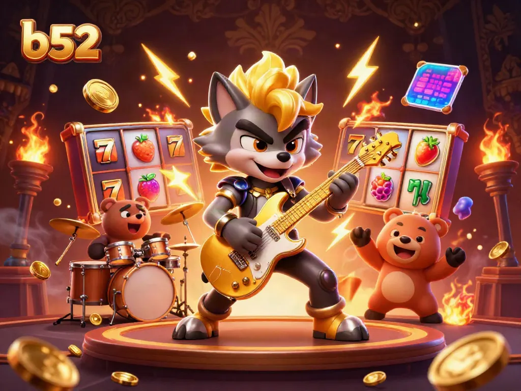 B52 players experience thrilling jackpots with vibrant slot machines and dynamic characters in a lively casino scene