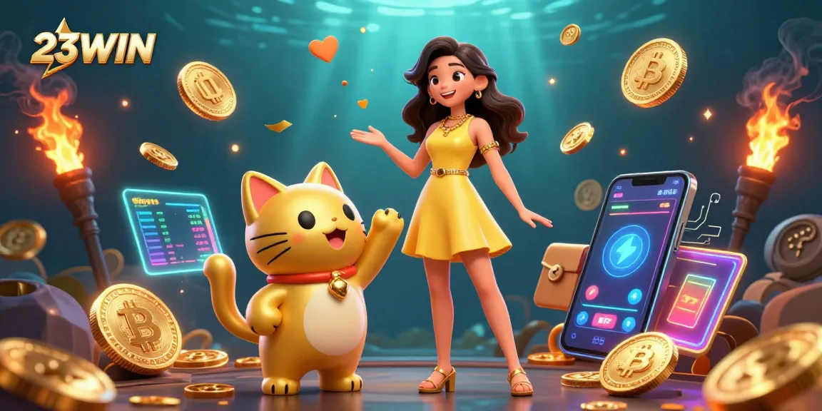 Engaging illustration of 23WIN featuring a cheerful woman and a golden lucky cat amidst vibrant casino elements.