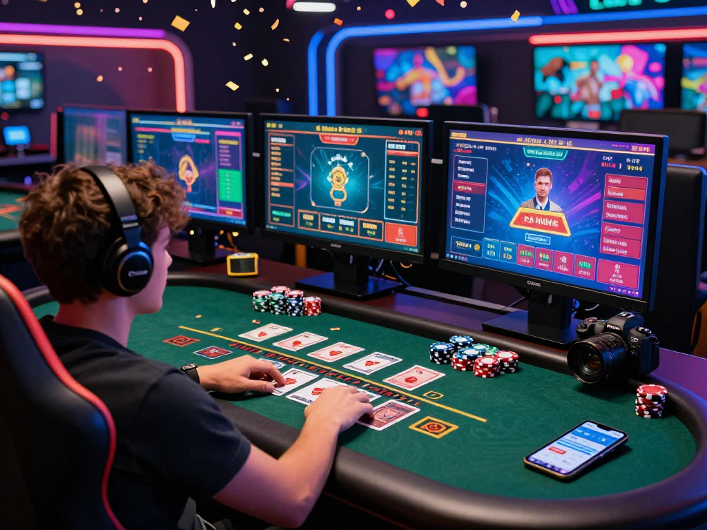 Player enjoying UK credit card casinos at a live dealer blackjack table, featuring vibrant graphics and casino chips.