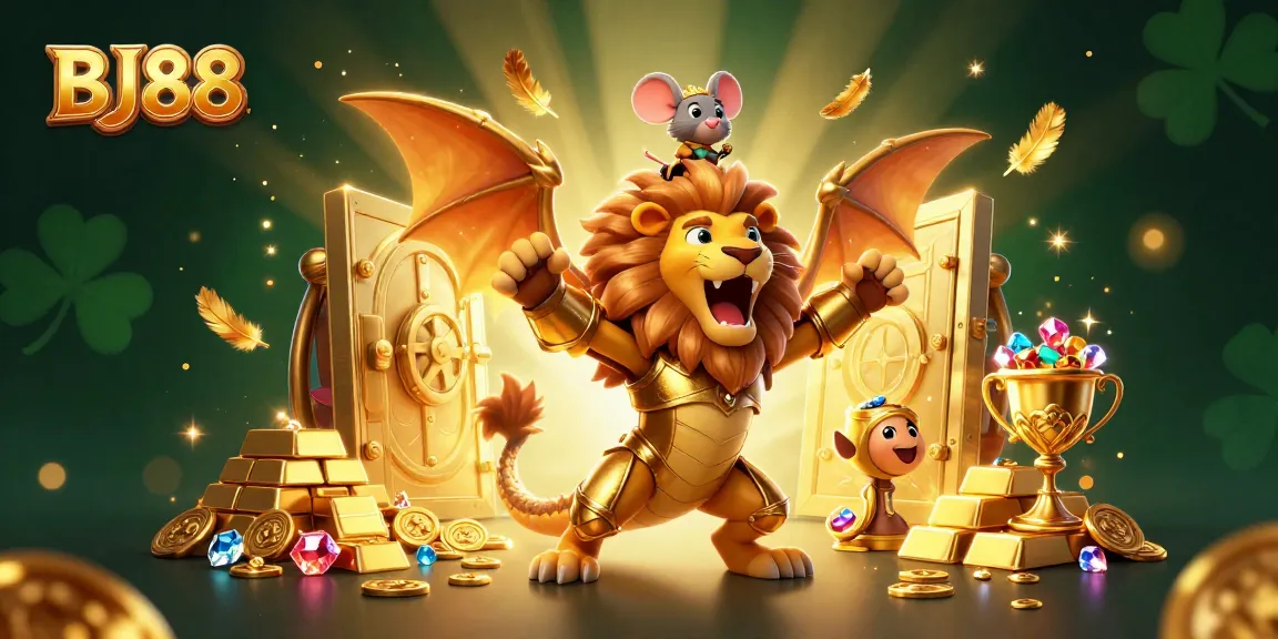 Engage with BJ88 through this vibrant 3D visualization of a golden chimera at a bustling casino.
