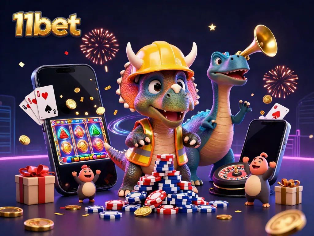 Cheerful 11bet triceratops and parasaurolophus celebrate in a vibrant casino scene filled with games.