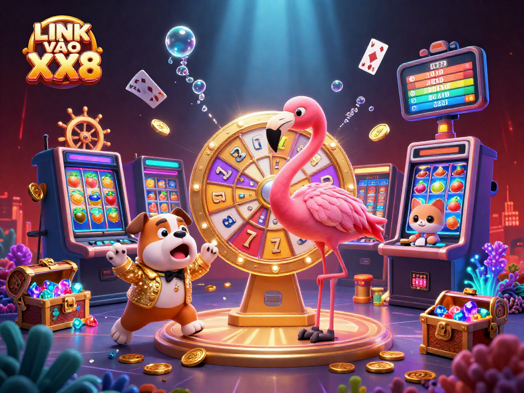 Experience excitement with LINK VÀO XX8 as a game show host flamingo and contestant bulldog celebrate casino wins.